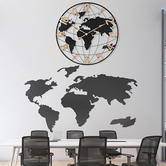 36 Inch Extra Giant Oversized Black Metal Wall Clock,Large Modern Decorative Silent World Map Wall Clock with Vintage Gold Arabic Numeral for Living Room,Entrance Fireplace,Dining Room Decor