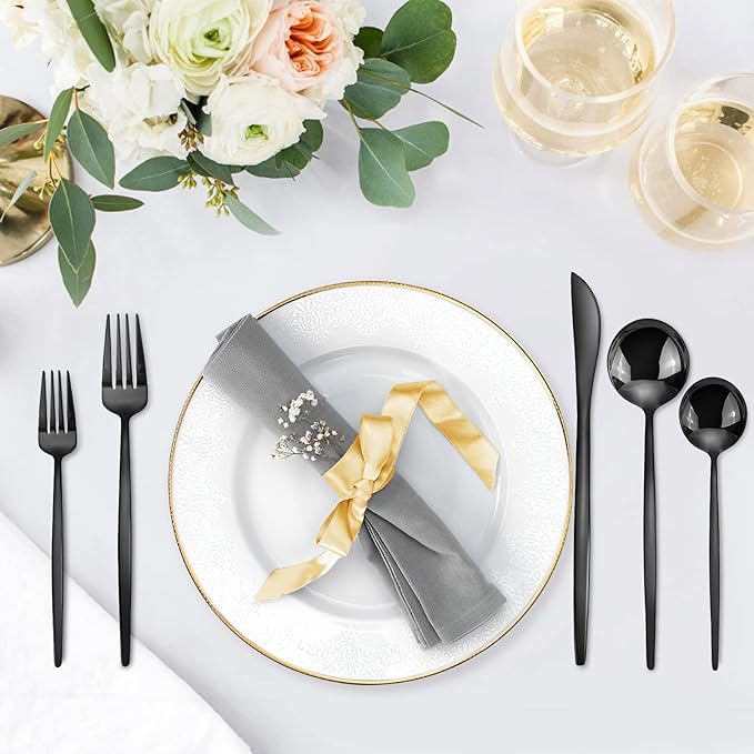 Black Silverware Set, KassKa 40 Pieces Flatware Cutlery Set, Stainless Steel Utensils Set Spoon Fork Knives Set for Home Restaurant and Kitchen, Mirror Polished Finished, Service for 8