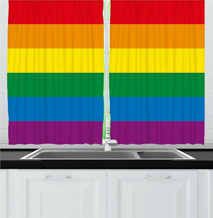 Ambesonne Pride Kitchen Curtains, Horizontal Orange Green Colored Flag of Gay Parade Freedom Equality Love Passion Theme, Window Drapes 2 Panel Set for Kitchen Cafe Decor, 55" x 30", Orange Green
