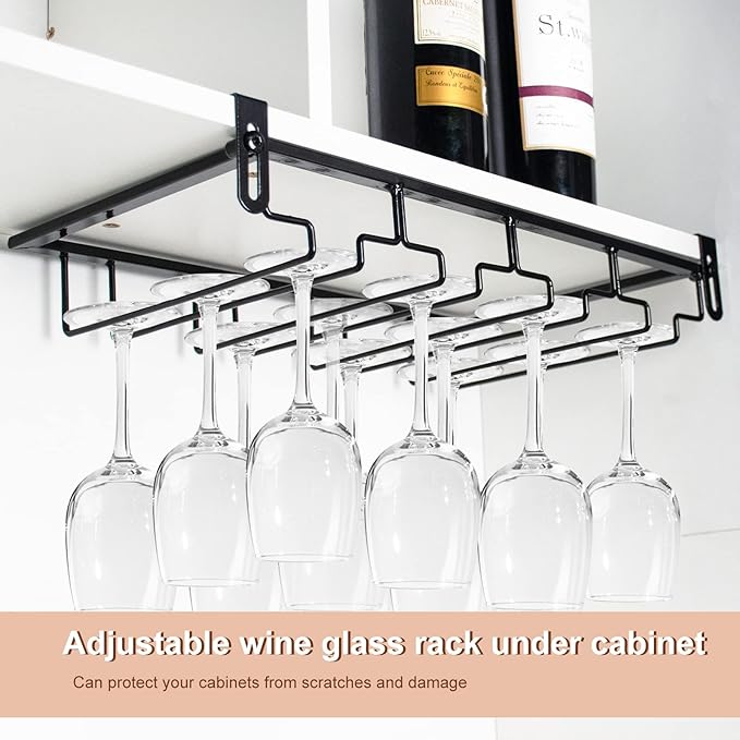 AUHOKY 2Pcs Adjustable Under Cabinet Stemware Metal Glass Holder, Hanging Wine Glass Storage Hanger Organizer for Shelf Kitchen Bar Decor(4 Rows, Black)