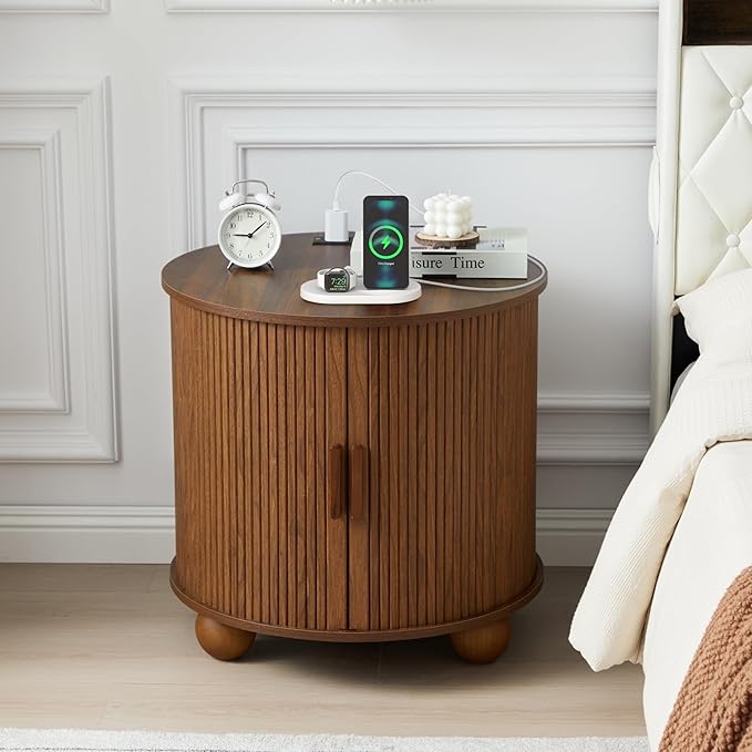 AVZEAR 24" Large Round End Table with Charging Station, Farmhouse Fluted Sofa Side Table with Sliding Tambour Door & Storage, Mid-Century Wood Nightstand for Living Room, Bedroom, Walnut