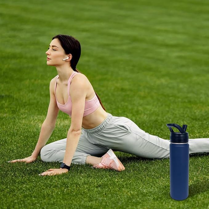 4pack 22 oz Insulated Water Bottle With Straw, Stainless Steel Sports Water Cup Flask with 2 Lids, Wide Mouth Travel Thermal Mug,Navy