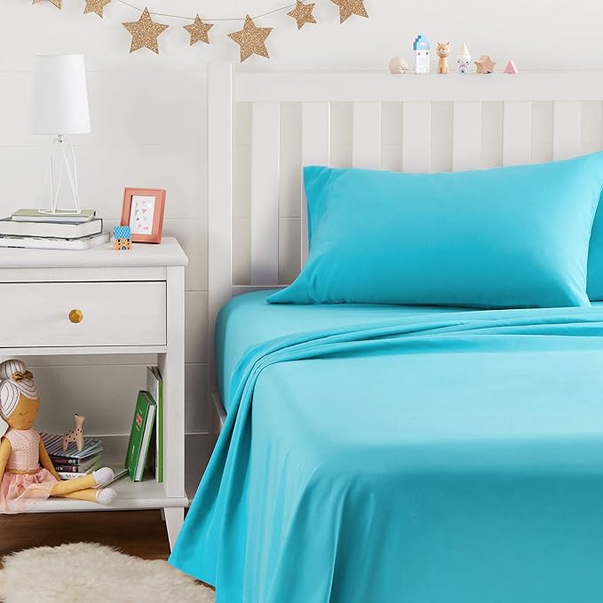 Amazon Basics Kid's Soft Easy-Wash Lightweight Microfiber 3-Piece Sheet Set, Twin, Bright Aqua, Solid