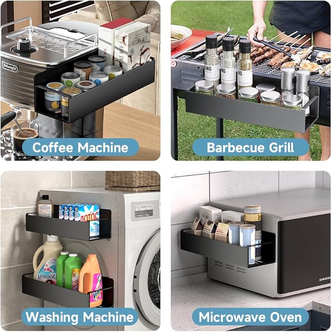 4 Pack Magnetic Spice Rack for Refrigerator, Black Magnetic Shelf for Kitchen Organizer and Storage, Mini Organizers for Oven and Fridge with 4 Hooks