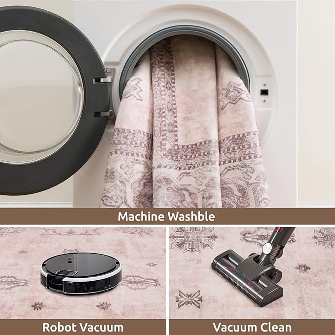 AMOAMI-Vintage Area Rug 6X9 Pink Rugs for Living Room-Soft Living Room Rug Non Slip Rugs for Bedroom Carpet Machine Washable Rug for Dining Room Bedside Office Room Decor