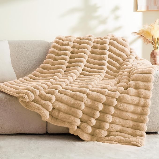 BEDELITE Faux Fur Throw Blanket for Couch, Soft and Cozy Luxurious 3D Striped Fluffy Blanket, 770GSM Thick Warm Plush Fuzzy Faux Rabbit Fur Blanket for Women Gift (Brown, 50"x 60")