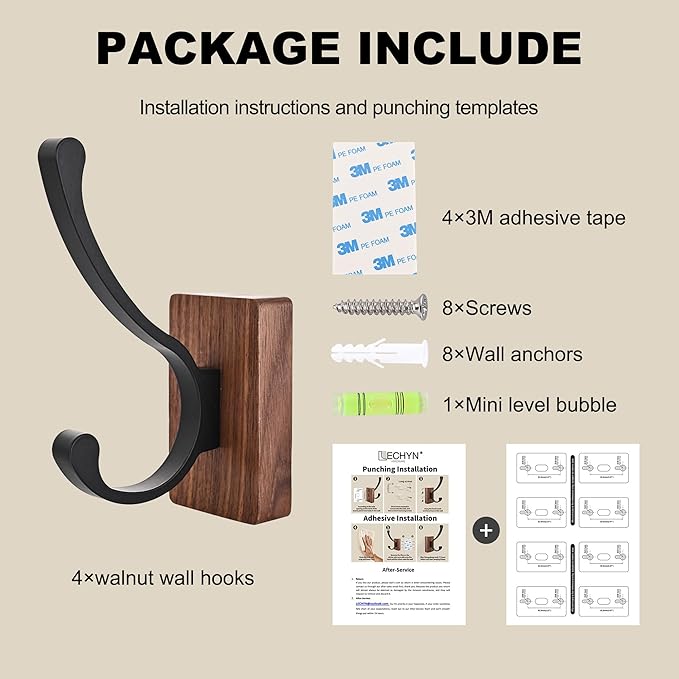 4 Pack Wooden Wall Hooks for Hanging, Adhesive Mounted & Wall Mount Nature Wood Coat Hooks for Towel Clothes Blanket Hat Backpack Robe Nursery Door Board Entryway Key Holder