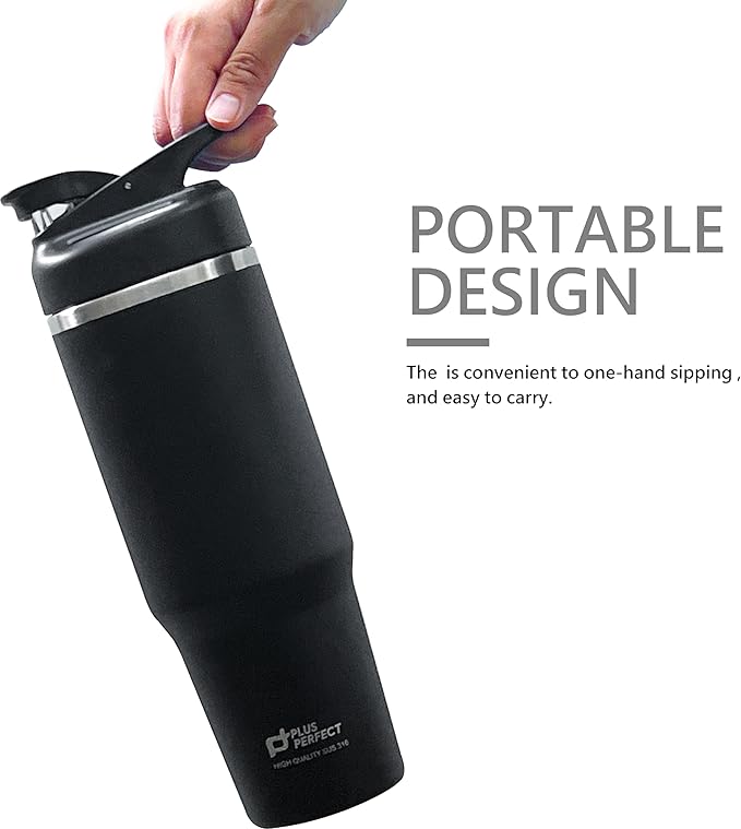 41 OZ 316 Stainless Steel Vacuum Insulated Travel Mug With Leak Proof Flip For Both Straw & Spout, Double Walled Seamless to Keep Hot And Cold, Black