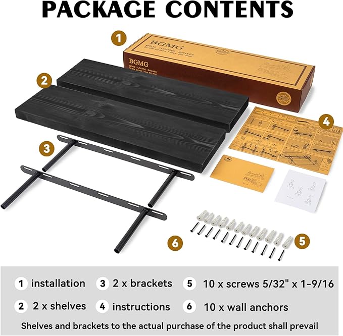 BGMG Wood Floating Shelves 24 inch, Wide Rustic Wooden Wall Shelves for Bathroom Living Room Bedroom Kitchen Farmhouse Set of 2-24x 6.7 x1.25 inch- Black