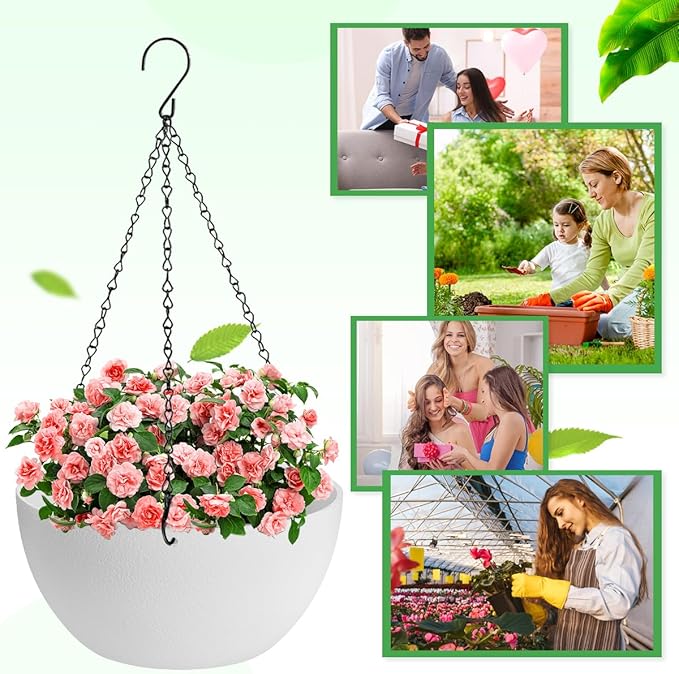 10 inch Hanging Planters for Indoor Plants, 2 Pack Planters for Outdoor Plants with Drainage Holes and Chain, Round Plastic Hanging Baskets, Hanging Flower Pots for Balcony Garden Decor-White