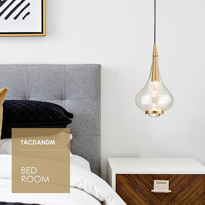 1-Light Teardrop Pendant Light, Brass Gold Ceiling Hanging Light Fxitures, LED Light Fixtures Ceiling Glass Pendant Lighting for Kitchen Island Dining Room Bar