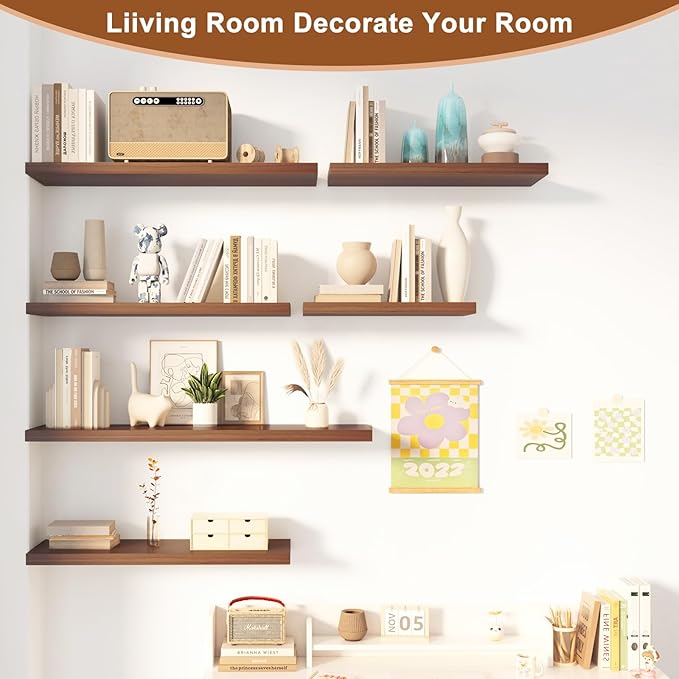 12 Inch Deep Floating Shelves for Wall 2 Pack Floating Shelves Large Storage Space Wall Mount Shelf for Living Room Kitchen Bathroom 24" W x 12" D x 1.2" H Walnut