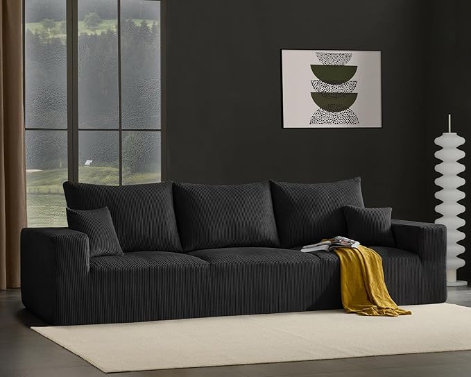 Boneless Cloud Couch Sofa for Living Room, 112" 3 Seater Black Modern Lounge Sleeper Couch, No Assemble, Cordury Compression Upholstered Couches