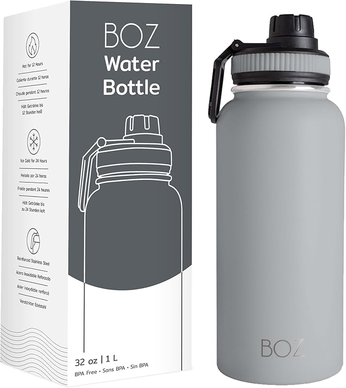 BOZ Stainless Steel Water Bottle - Vaccum Insulated Water Bottle 32 Oz - Wide Mouth BPA Free Sport Water Bottle for Gym with Spout Lid - Thermal Hot & Cold 1 Litre Gray Water Bottle