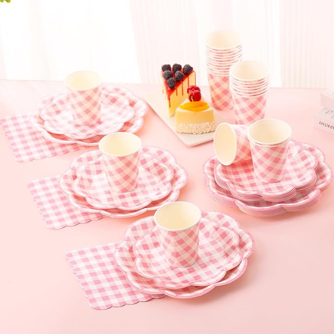 350 Pcs Pink Gingham Plates and Napkins Party Supplies - Pink and White Checkered Plates Sets Serve 50 Guests - Scalloped Gingham Paper Plate for Birthday Wedding Picnic Party Decorations