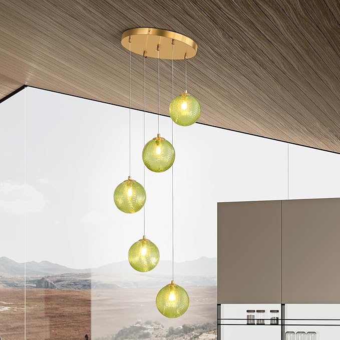 5-Light Chandelier, Globe Green Glass Flush Mount Pendant Light,15W Ceiling Hanging Light for Staircase Foyer Entryway Living Room Hotel Kitchen Island(3000K,G9 Bulbs Include)