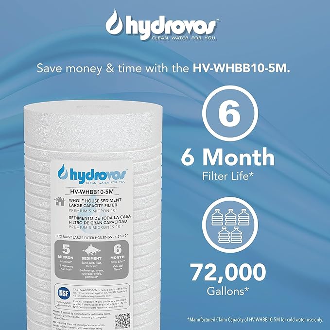 4.5 x 10 Inch Large Capacity Whole House Water Filter, NSF 42 Certified 5 Micron Sediment Filtration, Pack of 4