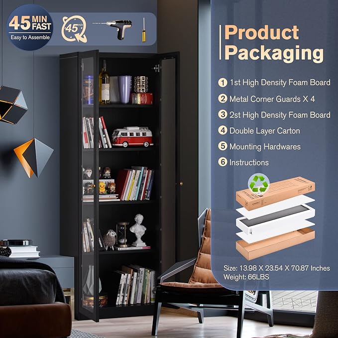 5 Tier Metal Curio Cabinets, 71" Tall Modern Bookshelf Cabinet with 4 Adjustable Shelves, Cabinet Display Case for Home Office, Living Room, Pantry, Assemble Required, Black