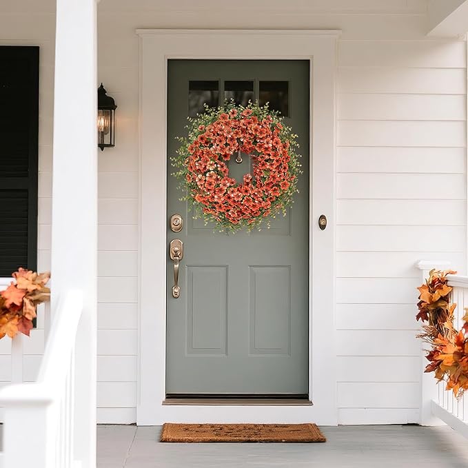 26" Fall Wreath for Front Door, Porch, Window - Large Artificial Boxwood Leaves with Fake Daisy Flowers Outdoor Wreath Faux Eucalyptus for Home Farmhouse Harvest Festival Thanksgiving Day Autumn Decor