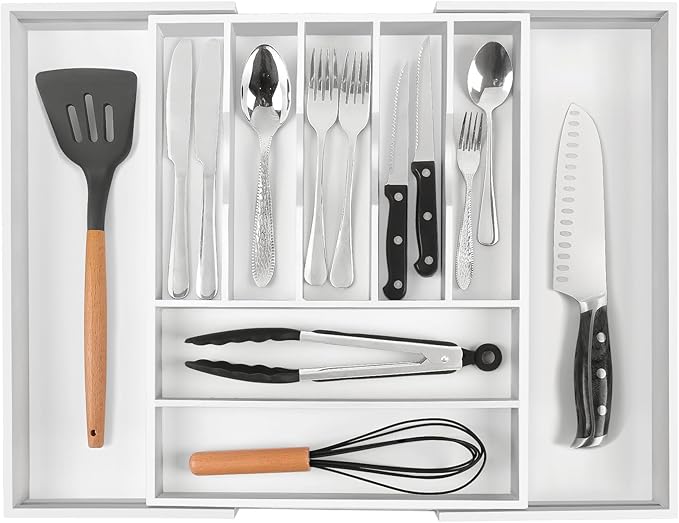 Bellsal Large Premium Bamboo Silverware Organizer - Expandable Utensil Drawer Organizer - 17"x19.6" Utensil Holder and Cutlery Tray with Grooved for Kitchen Flatware and Utensils(7-9 Slot, White)