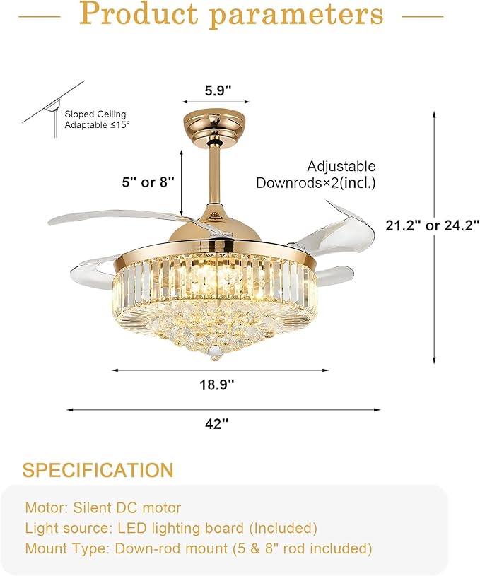 42'' Gold Crystal Chandelier Fan Fandelier Retractable Ceiling Fan with Light and Remote, Invisible Fandelier Ceiling Fan with Light for Bedroom Living Room(crystal-gold)