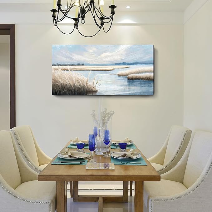 amatop Large Coastal Wall Art Abstract Landscape Beach Ocean Marsh Canvas Print Calming Soft Blue and Beige Wetland Picture Minimalist Neutral Nature Artwork for Bedroom Living Room Office 48x24