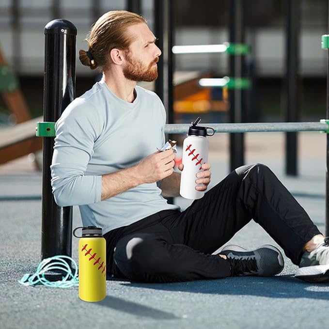 22oz Wide Mouth Softball Water Bottle with Two Lids(Straw, Handle Lid), 18/8 Stainless Steel Vacuum Insulated for Travel & Sport Cup. (Softball Yellow, 22oz)