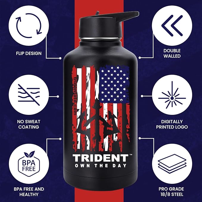 American Flag 64 oz Water Bottle, Reusable Water Bottle with Straw, Leak Proof Water Bottles, 64oz Insulated Water Bottle, Thermos Water Bottle - Retired Navy Combat Vet Small Business (Black, 64 Oz)
