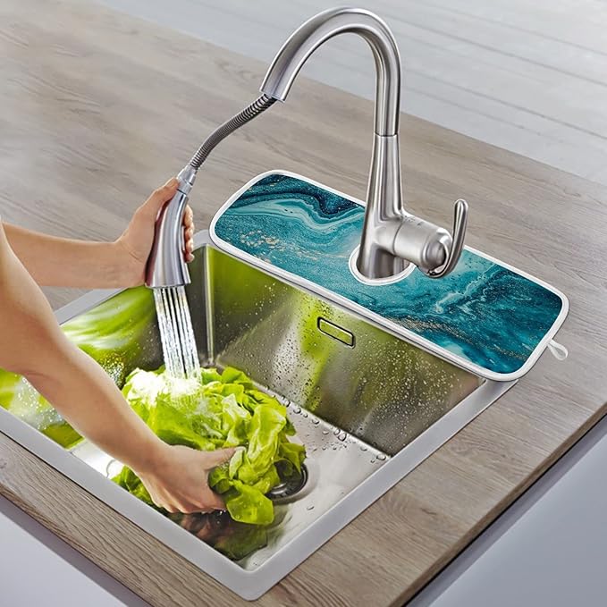 Blue Marble Golden Glittery Faucet Water Catcher Mat 2 Pack Tie Dye Drying Mat Absorbent Bathroom Faucet Handle Drip Catcher Tray Bar RV Kitchen Sink Splash Guard 30x5 Inches