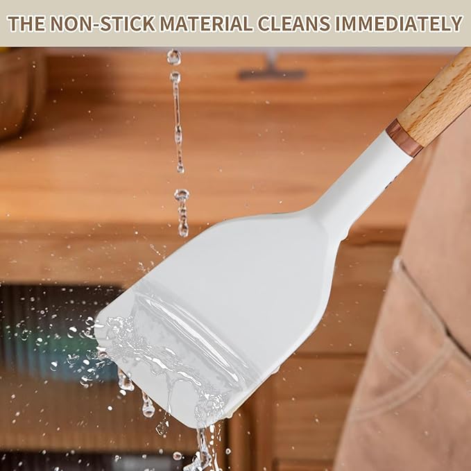 13-Piece silicone utensil set wood handle nonstick cookware safe dishwasher safe kitchen tools BPA free heat resistant (450°F/230°C) ceramic pan safe cooking gifts housewarming (White)