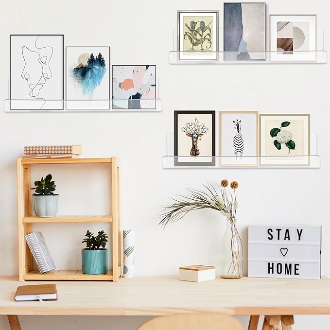 6 Pack Clear Acrylic Floating Shelves for Wall, 15'' Plastic Wall Mounted Display Shelf Kids Bookshelf and Spice Organizer for Bedroom, Living Room, Kitchen, Bathroom, Office