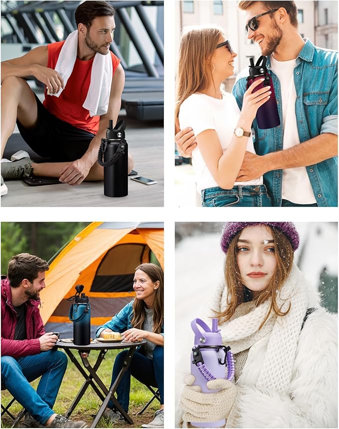 32 oz Insulated Water Bottle with Straw - Pop-up Spout Lid, Paracord Handle, Carrier Bag with Strap, Leak Proof Stainless Steel Water Bottle 32oz, Cold Flask Jug for Traveling Hiking