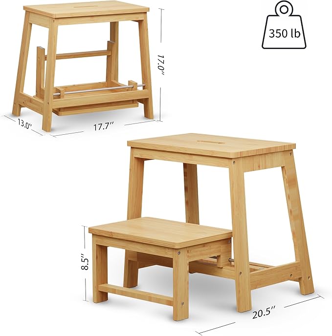 Bamboo Folding Step Stool with Sturdy Structure and Wide Stepping Surface for Safety, Multi-Purpose Foldable Step Stool, Step Ladder for Bathroom,Bedroom,Kitchen Step Stools for Adults 350 lbs