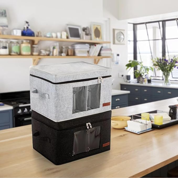 2 Pack Wine Glass Storage Box with Dividers, Stemware Storage Containers for Packing and Moving, China Storage Containers Box for 12 Crystal Glassware, Wine Glasses, Drinkware,Dark Gray