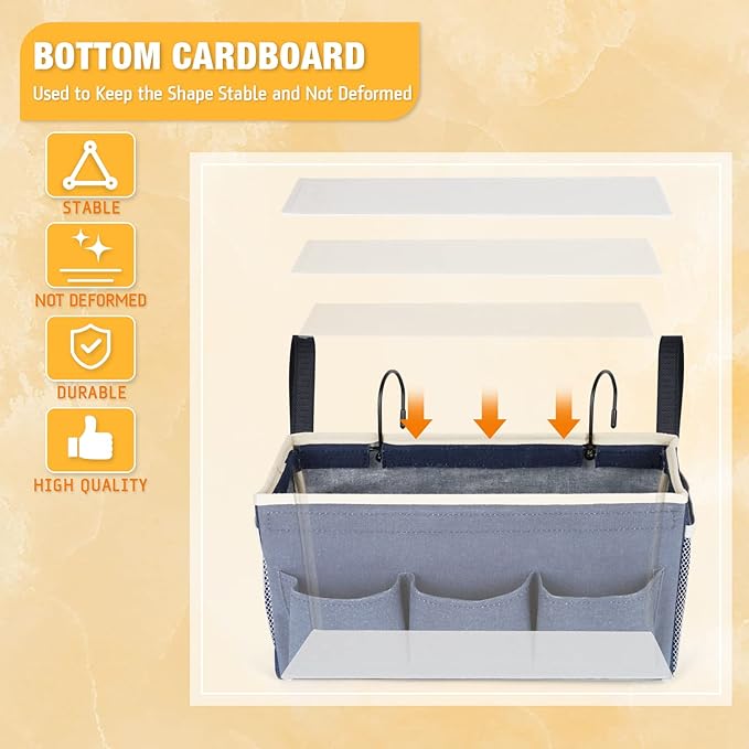 Bedside Caddy Bedside Organizer Bedside Storage Caddy with Fixed Straps and Water Bottle Holder for Home College Dorm Bunk Bed Hospital Bed Crib Bed Rails (Navy Blue)