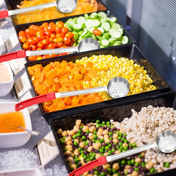 16 Pcs Portion Control Serving Spoons, Restaurant Measuring Serving Ladle Utensils, Portion Control Slotted Scoops for Weight Loss, Solid and Perforated Scoops(Red,2 oz)