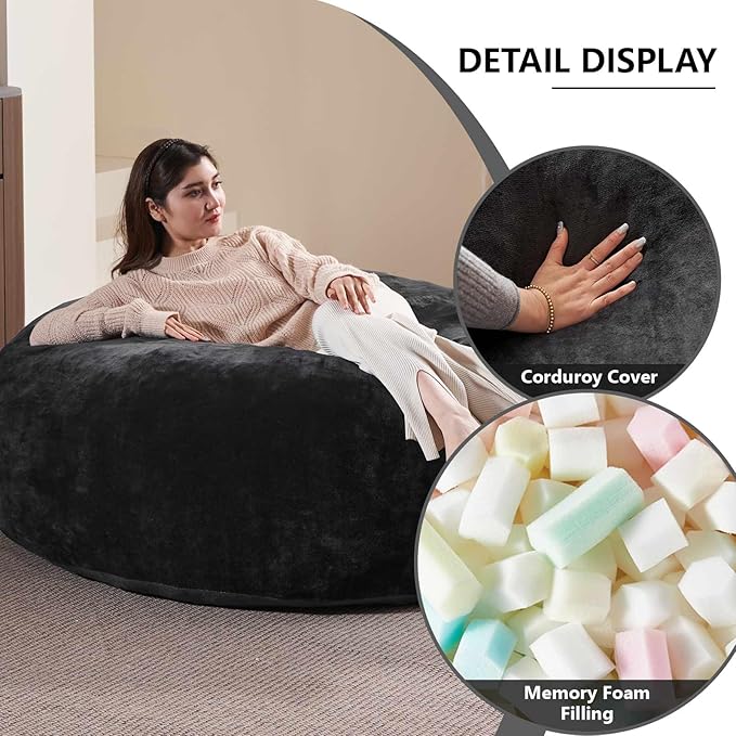 5FT,Big Bean Bag Chairs for Adults,Large beanbag with Filler Included,Memory Foam Material,Easy to Clean and Washable Corduroy Fabric,Suitable for Living Room and Bedroom (Black, 5 Foot)