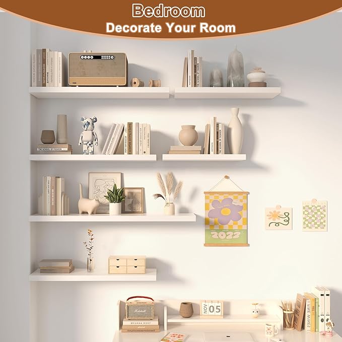 12 Inch Deep Floating Shelves for Wall 1 Pack White Floating Shelves Large Storage Space Wall Mount Shelf for Living Room Kitchen Bathroom 24" W x 12" D x 1.2" H White