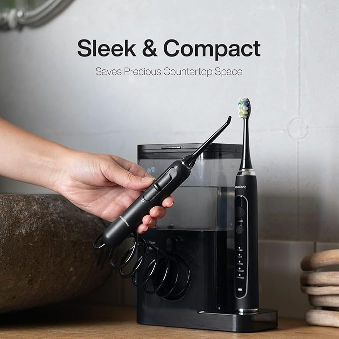 AquaSonic Home Dental Center PRO – Brushing & Flossing Made Easy – Brush & Floss – Power Toothbrush & Water Flosser – Whiter Teeth & Healthier Gums – Black Series Pro+Oral Irrigator