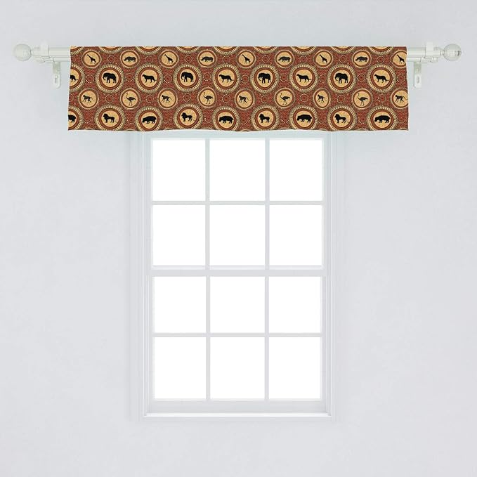 Ambesonne Savannah Window Valance, Medallion Pattern of Monkey Giraffe Lion African Inspired Ethnic Design, Curtain Valance for Kitchen Bedroom Decor with Rod Pocket, 54" X 12", Mustard and Brown