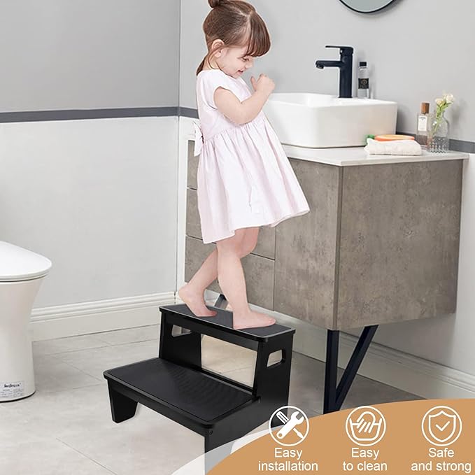 Bamboo Two Step Stools for Adults, Portable Step Stool for Pregnant and Adults with Non-Slip Mat, Foldable Step Stool for Kitchen, Toilet, Bathroom, Bedroom, Camping