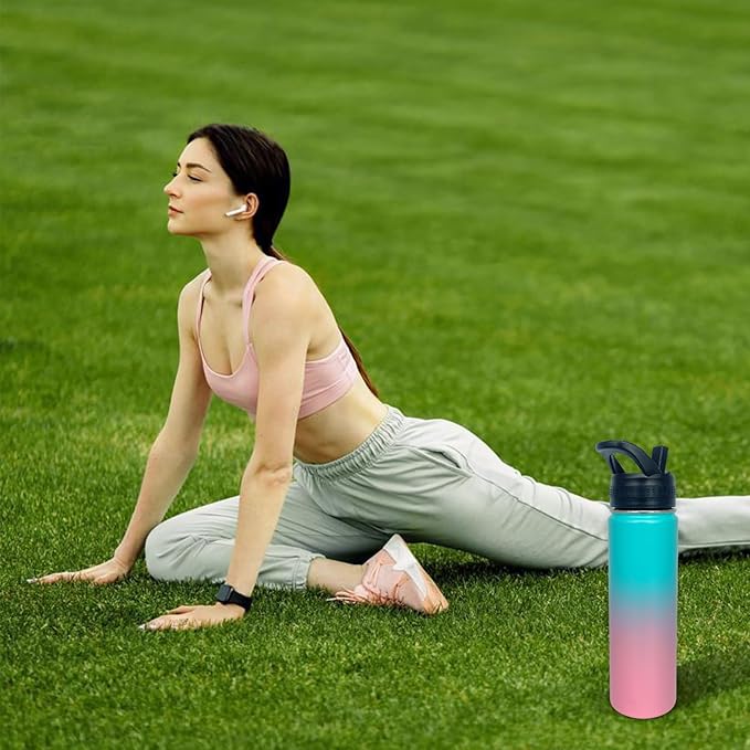 4pack 22 oz Insulated Water Bottle With Straw, Stainless Steel Sports Water Cup Flask with 2 Lids, Wide Mouth Travel Thermal Mug,Pink gradient