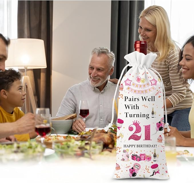 21st Birthday Gifts for Her Him Wine Bag, 21 Year Old Birthday Gifts for Her, Happy 21st Birthday Party Decorations for Her Him, Pairs Well with Turning 21 Wine Bags (White Pink)