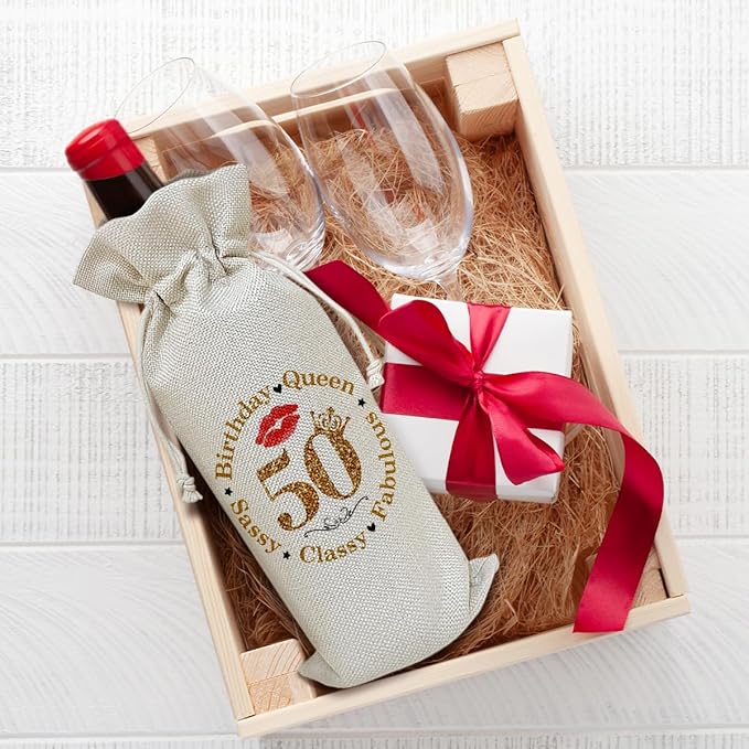 Birthday Wine Bag, Funny Wine Gifts for Women Men, 50 Years Old Birthday Gifts for Mom Wife Friend Bestie, Party Favor Wine Champagne Gift Bag With Drawstring -03