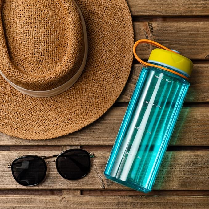 bzyoo HydroPop 36oz Water Bottle w/Strap - Leak-Proof, Hydration Intake Tracking Measurement, Wide Mouth for Ice. Perfect for Gym, Travel, Outdoor - Color Blue