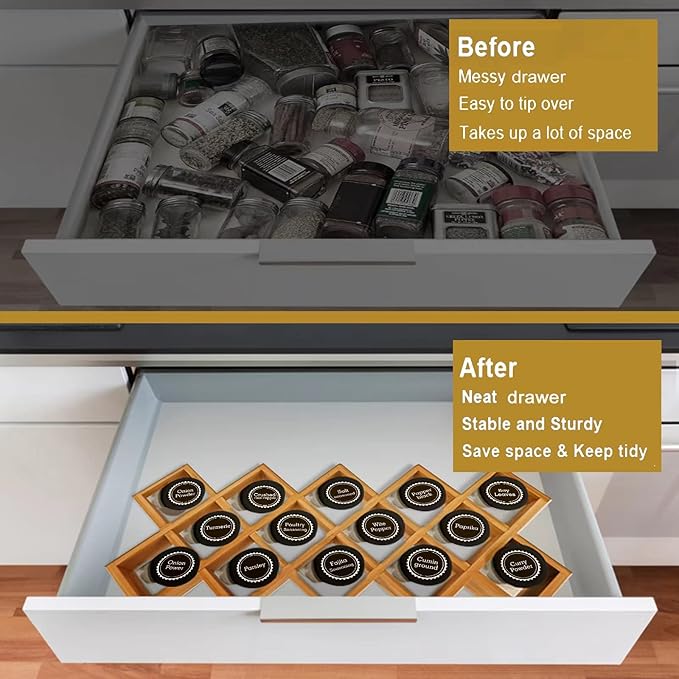 Bamboo Criss Cross Spice Rack Organizer for Cabinet, Wood Seasoning Rack Spice Holder, 18-Jar Spice Rack Tower Spice Storage for Kitchen Countertop Drawer-Jars Not Included