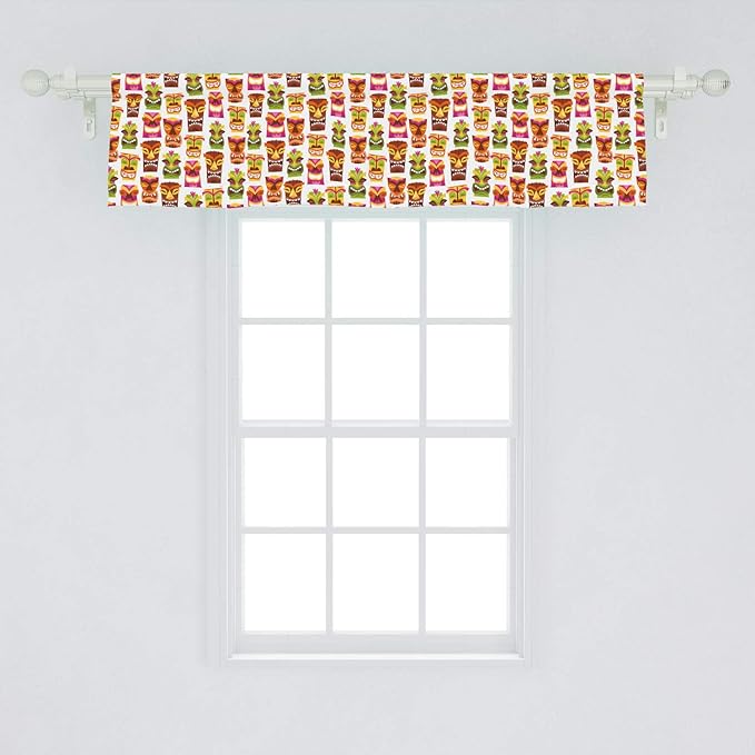 Ambesonne Tiki Bar Window Valance, Sixties Retro Inspired Hawaiian Party Happy Tiki Pattern Colorful, Curtain Valance for Kitchen Bedroom Decor with Rod Pocket, 54" X 12", White Brown