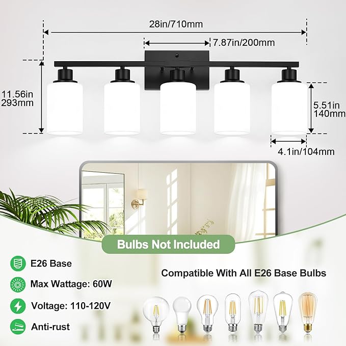 5-Light Black Bathroom Vanity Light Fixture with Milky White Frosted Glass Shades, Bathroom Light Fixture for Mirror, Matte Finish, Reversible Up/Down Lighting for Bedroom, Living Room, Hallway