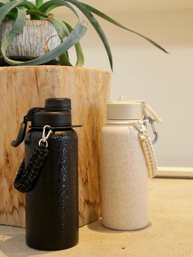 32oz Insulated Water Bottle with Paracord Handles & Strap, 2 Lids(Straw Lid&Spout Lid), Stainless Steel Reusable Wide Mouth Metal Water Bottle With Straw, Double Walled, Thermo Mug(Black Leoqard)
