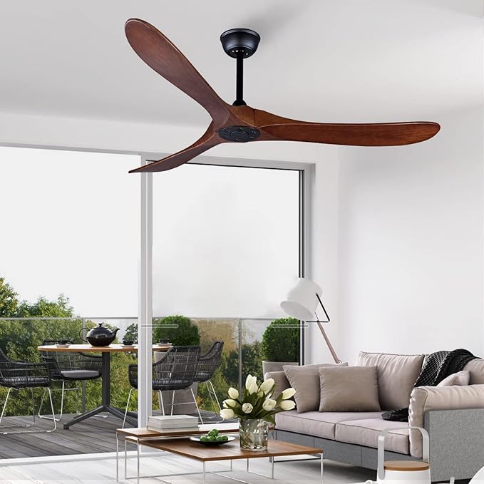 Bigzone 60" Outdoor Ceiling Fan Without Light, Energy Efficient DC Motor, 3 Solid Wood Blades, Wood Ceiling Fan with Remote Control, Reversible Blades